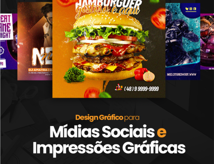 Designer profissional criando artes para social media e impressos, software de design na tela, inspiração visual.
