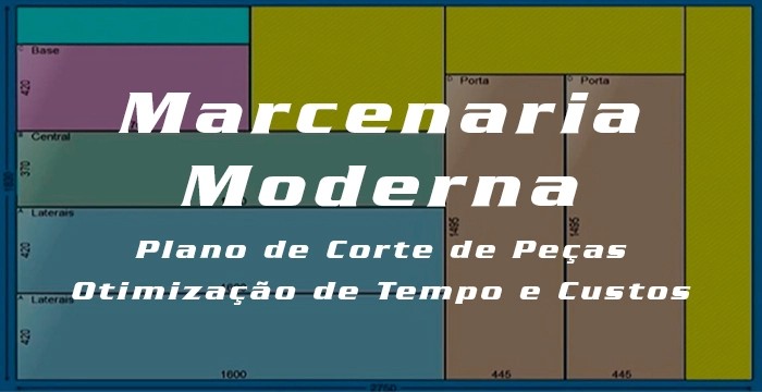 Plano de corte profissional para móveis modernos em software 3D, mostrando otimização de madeira.