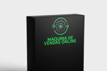 Diagrama de fluxo da Máquina de Vendas Online com ícones de dinheiro, gráfico de crescimento e engrenagens representando tráfego pago e copywriting.
