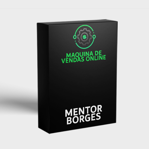 Diagrama de fluxo da Máquina de Vendas Online com ícones de dinheiro, gráfico de crescimento e engrenagens representando tráfego pago e copywriting.