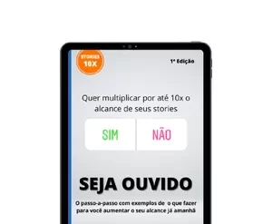 Captura de tela do curso SEJA OUVIDO mostrando métricas de alcance de Stories 10x maiores e gráficos de engajamento em alta.