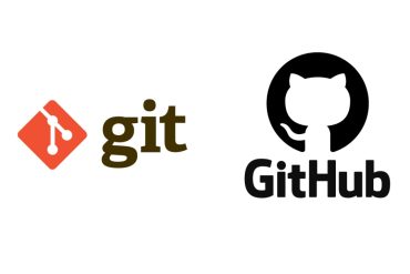 Estudante programando no computador com logotipos do Git e GitHub visíveis