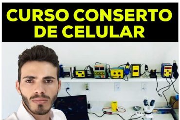 Capa do Curso Conserto de Celular Alan Cell com ferramentas de reparo e smartphone.