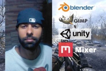 Capa do curso Texturas e Materiais Realistas para Games por Elizione Teles, com ícones de Blender, Gimp, Unity e Quixel.