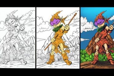 Desenho de personagem em progresso do esboço a lápis para pintura digital no Photoshop