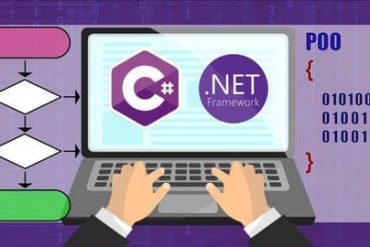 Estudante concentrado codificando em C# com diagramas de POO e lógica de programação ao redor.
