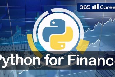 Ilustração de um laptop exibindo gráficos financeiros complexos com código Python ao lado, representando Python para Mercado Financeiro.