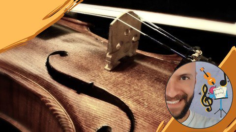 Estudante iniciante aprendendo a tocar violino com partitura e professor online