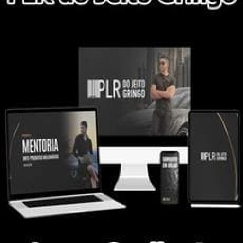 Capa do curso PLR Jeito Gringo Lucas Gualberto com título em destaque e ícones de sucesso.