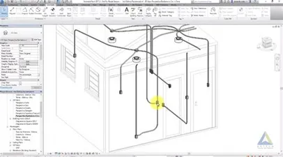 Ilustração realista de um engenheiro eletricista trabalhando em um projeto elétrico no software Revit, com diagramas BIM e elementos de dimensionamento na tela.