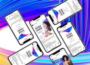 Capa do curso Formação Social Media para download com ícones de redes sociais e gráficos de crescimento